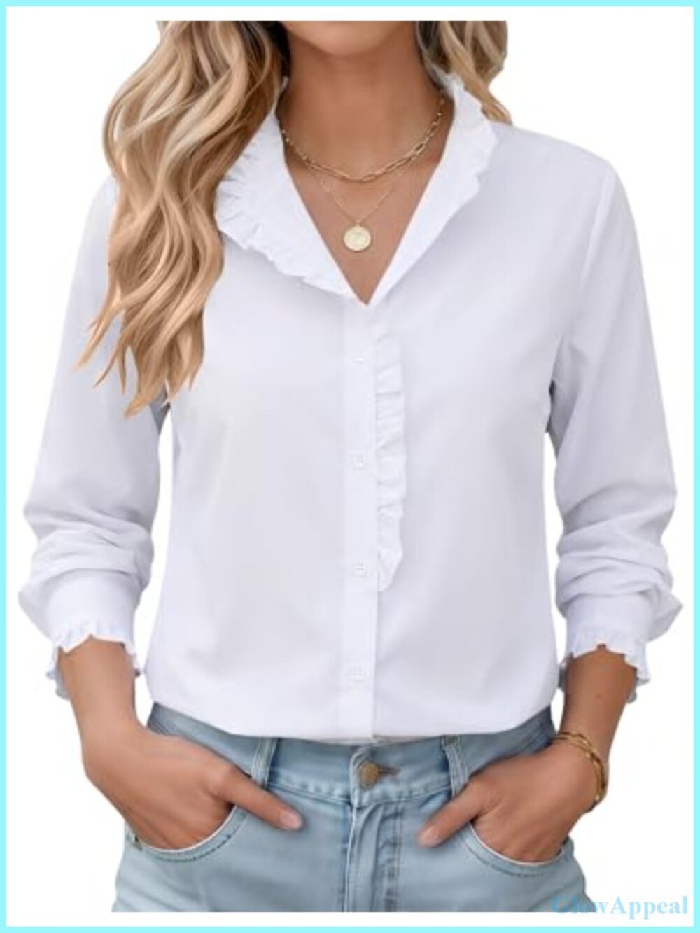 Women's Long Sleeve Button Down Ruffle Blouse Casual Office Top Cotton